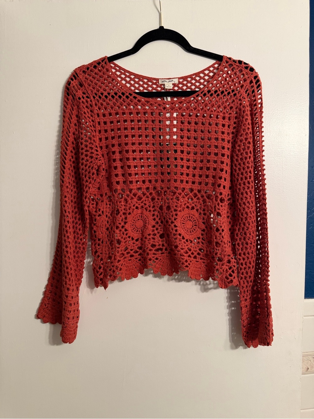 New Macys Crochet Openwork Long Sleeve Top - Rust